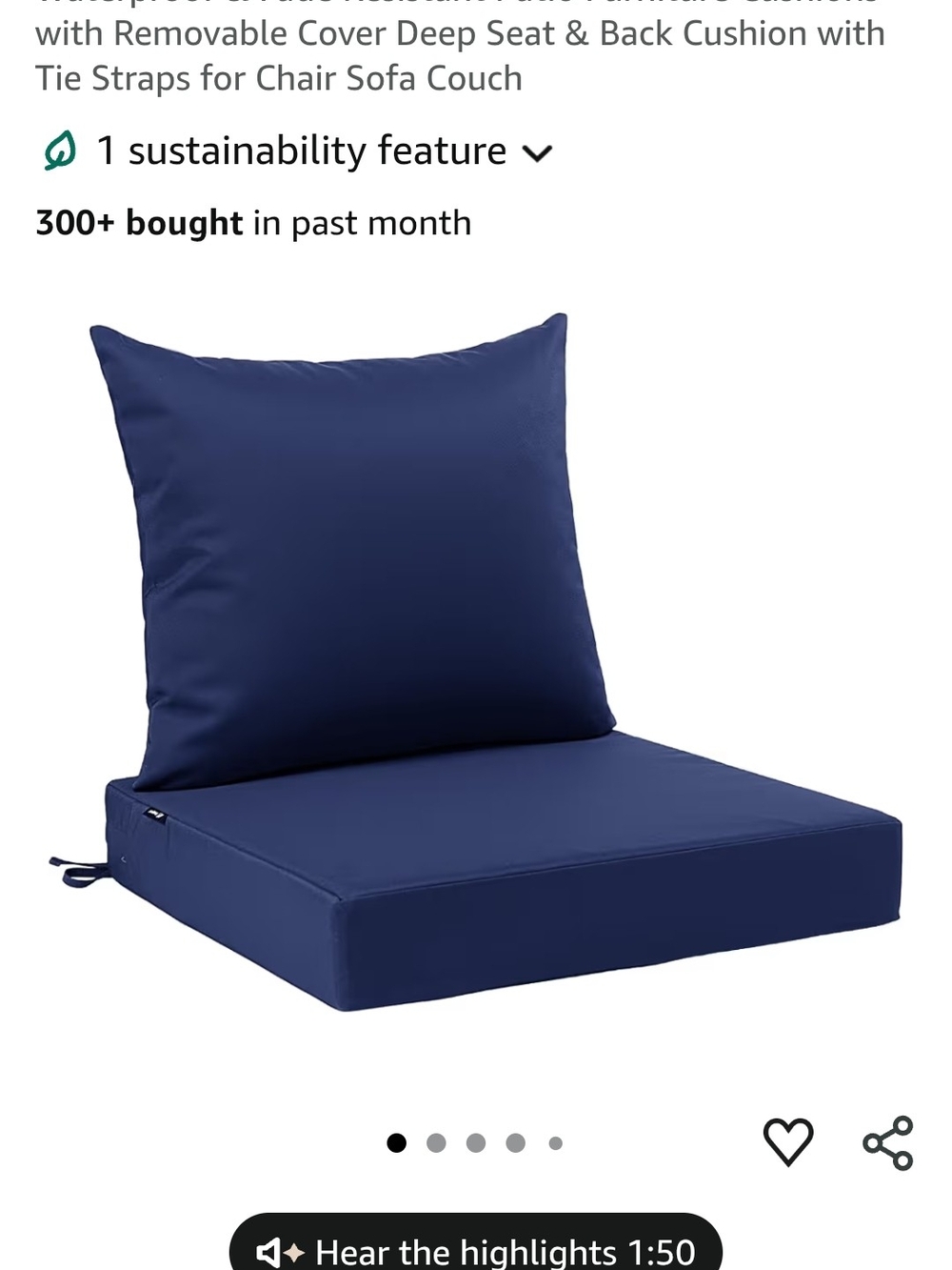 Outdoor Seat and Back Cushion Set - Navy Blue